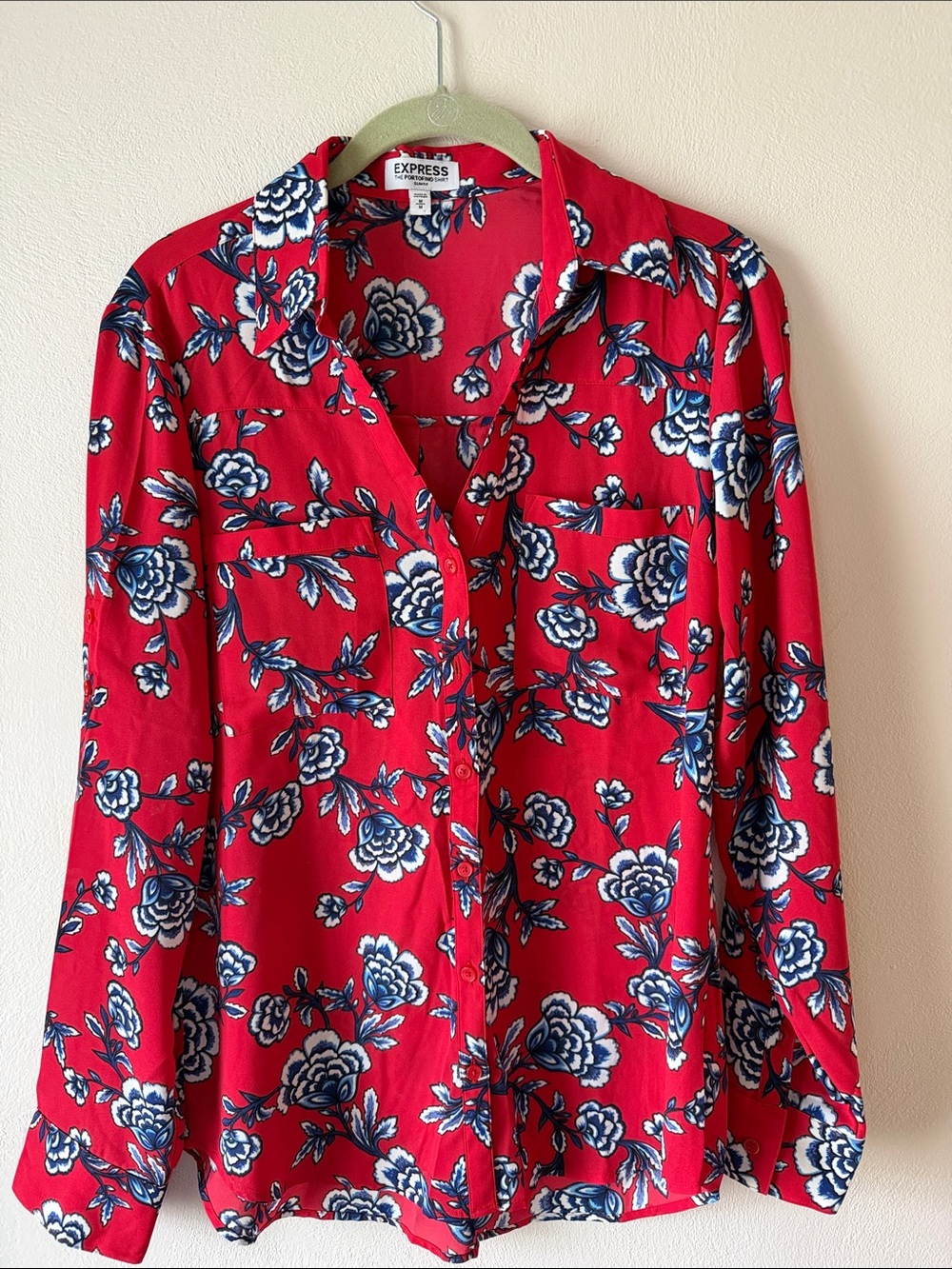 Express Red Floral Button-Down Shirt with Navy and White Flowers